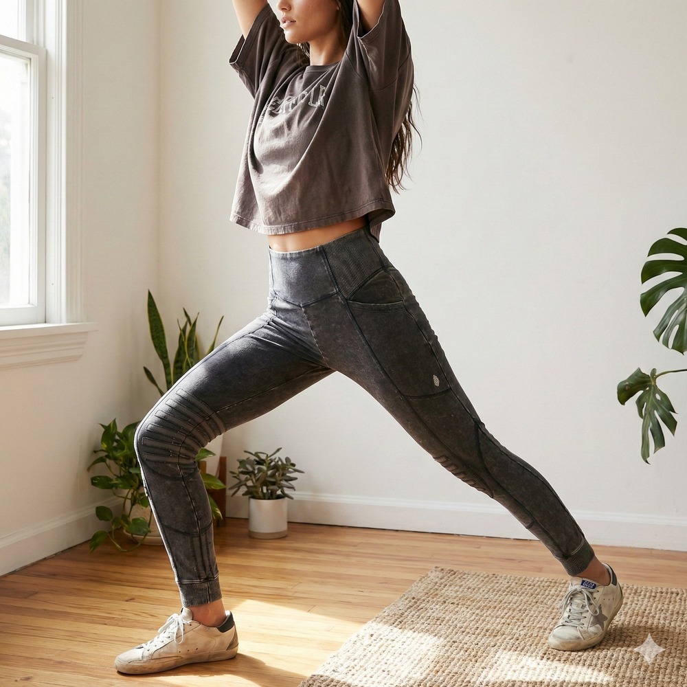 Free People Movement Leggings Womens Small‎ Washed Black Moto Distressed Lounge
